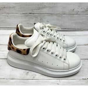 Alexander McQueen Women Size 39.5 Oversized White Leather Sneakers Leopard Back‎
